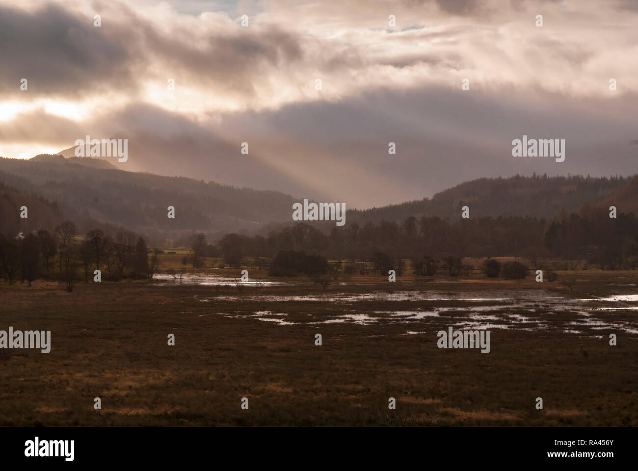 A miserable day overlooking the River Balvag and flooded fields near Balquhidder in Stirling, Scotland. 22 December 2008 Stock Photo