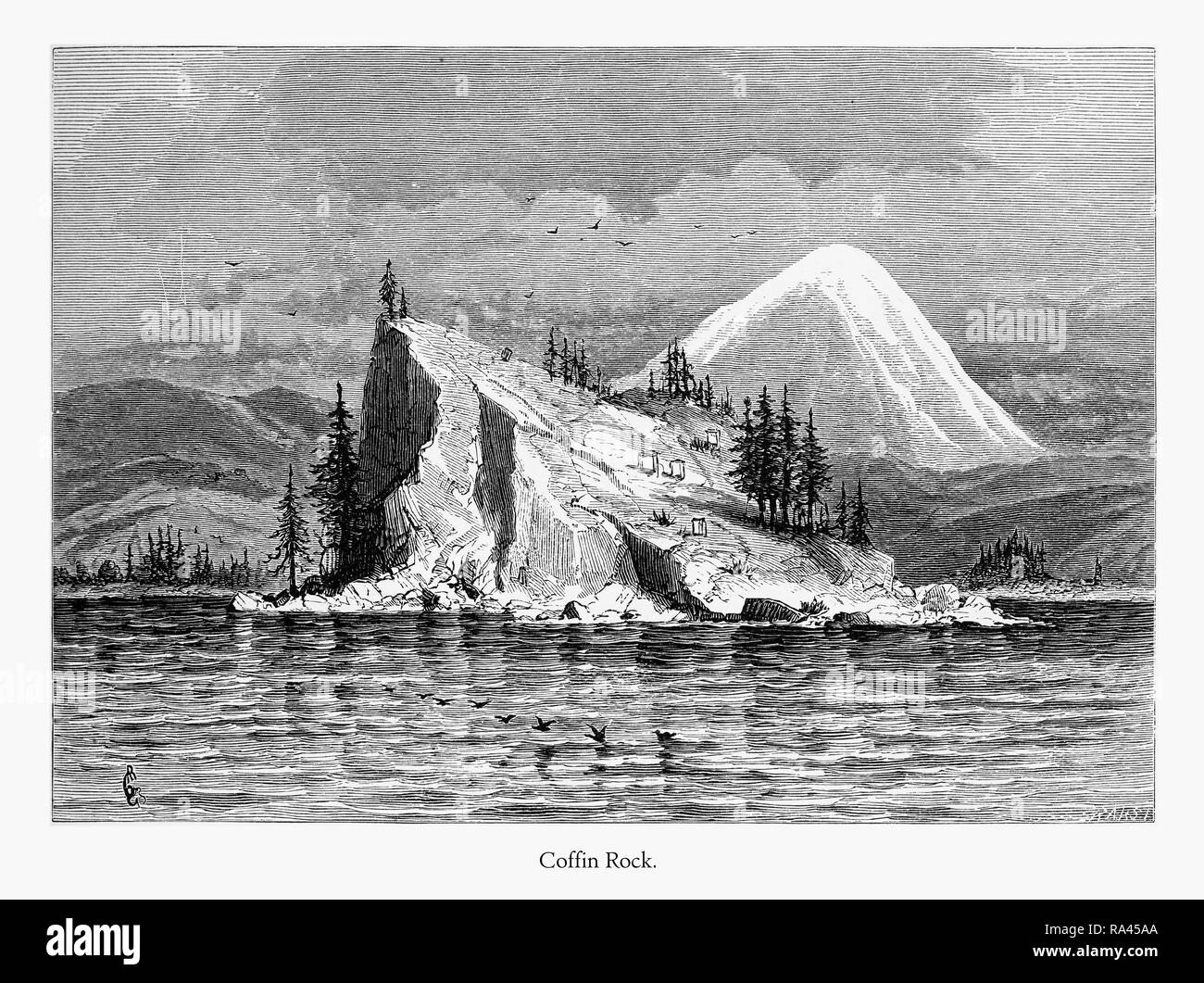 Coffin Rock, Columbia River, Oregon, United States, American Victorian Engraving, 1872 Stock Photo