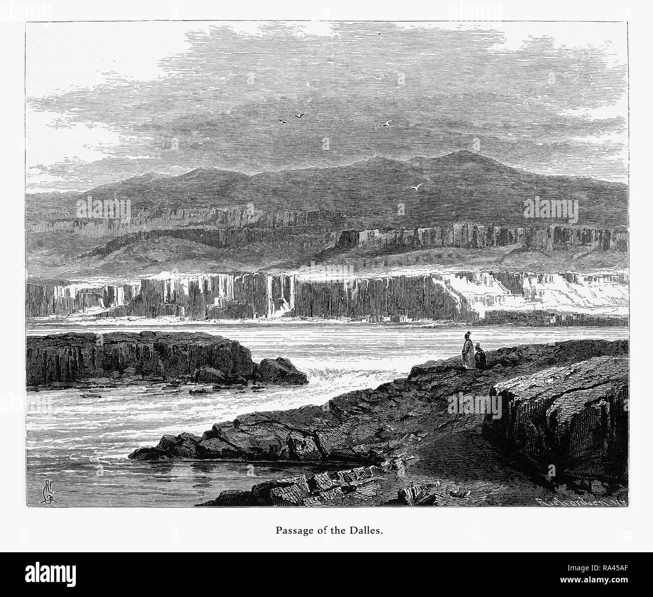 Passage of the Dalles, Columbia River, Oregon, United States, American Victorian Engraving, 1872 Stock Photo