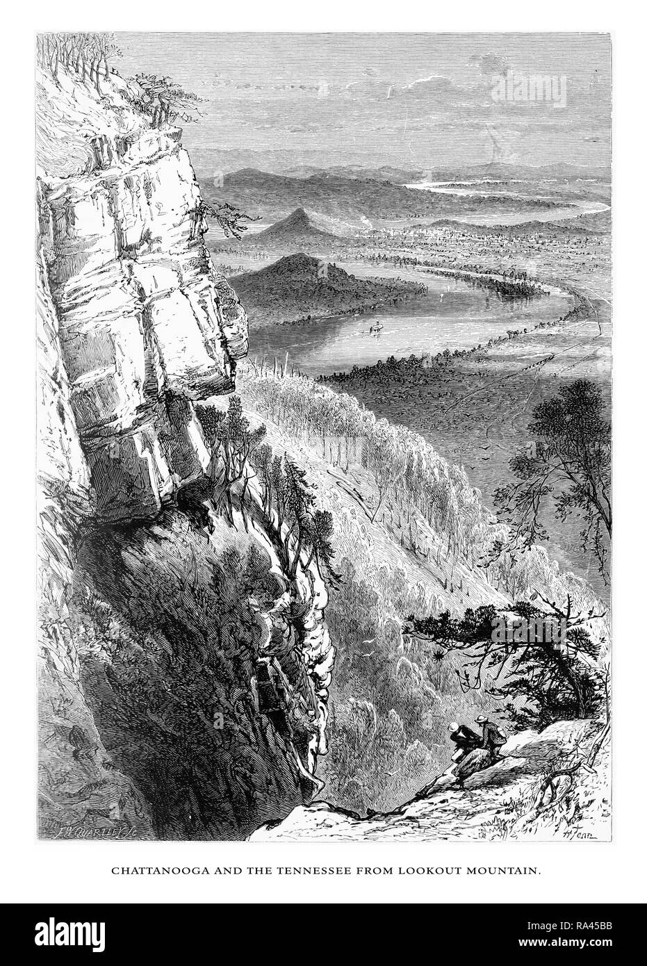 Chattanooga and the Tennessee River from Lookout Mountain, Tennessee, United States, American Victorian Engraving, 1872 Stock Photo