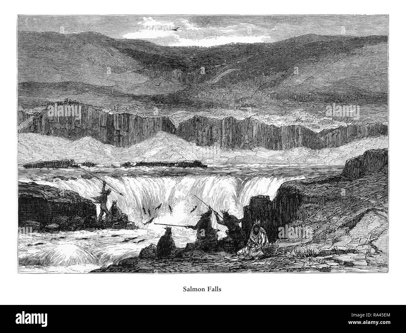 Salmon Falls, Columbia River, Oregon, United States, American Victorian Engraving, 1872 Stock Photo