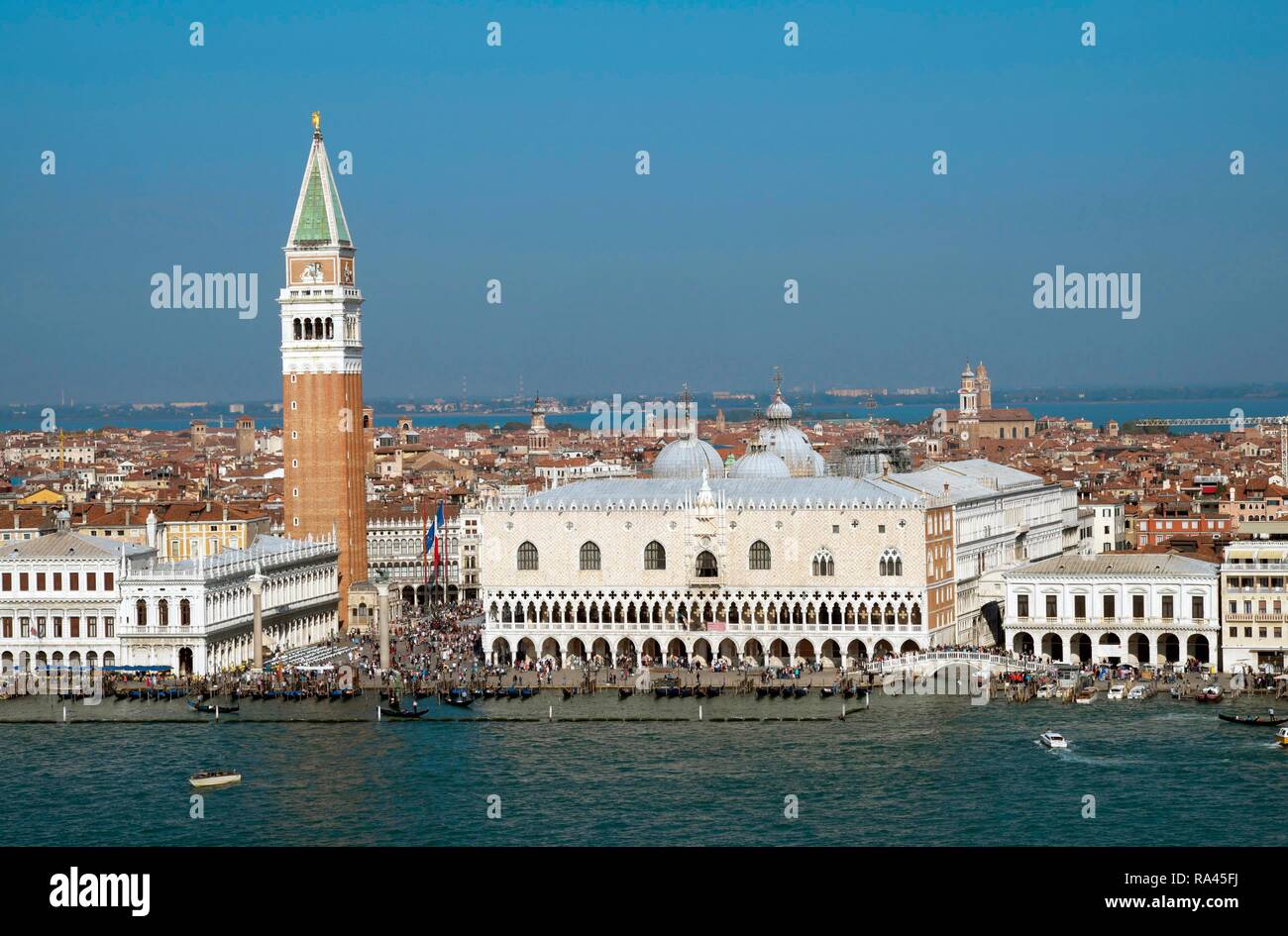 View to St. Mark's Square, Piazza San Marco, with Doge's Palace, Palazzo Ducale and Campanile, Venice, Veneto, Italy Stock Photo