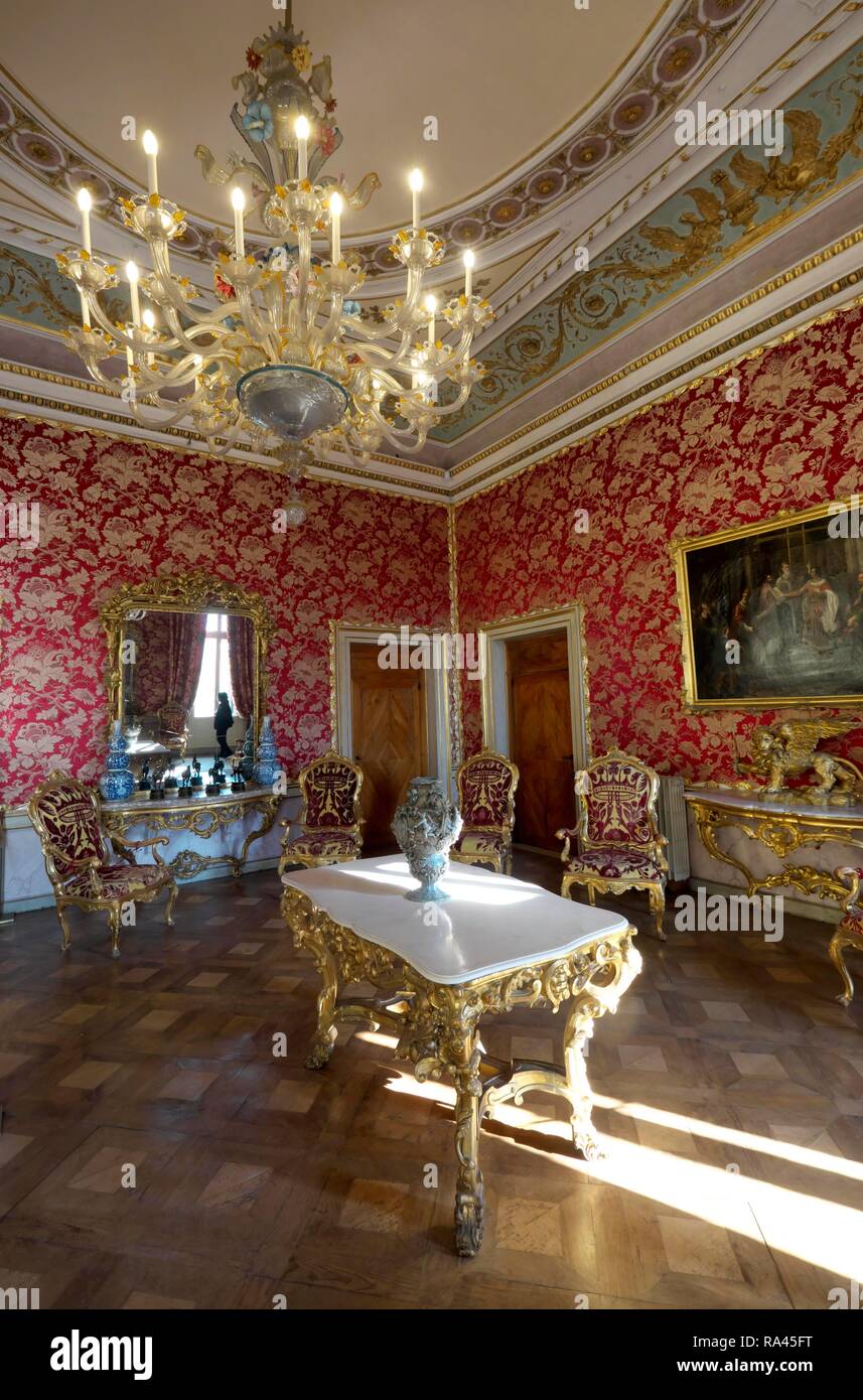 Hall with historical furniture and chandeliers, Museo Correr, Municipal Museum, San Marco Square, Piazza San Marco, Venice Stock Photo