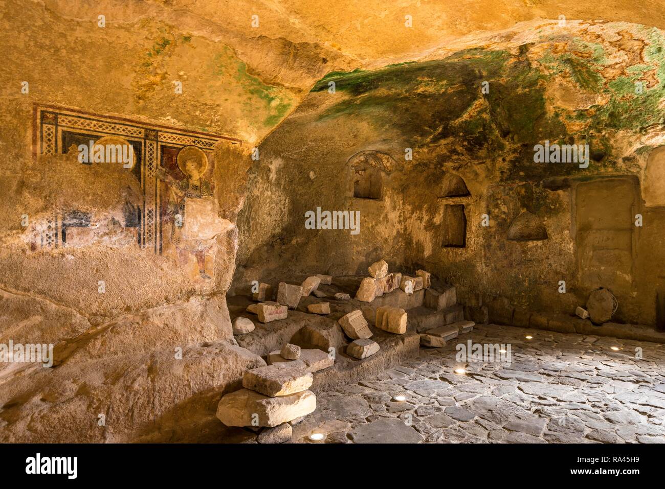 In the cave church Santa Barbara, Matera, Basilicata, Italy Stock Photo