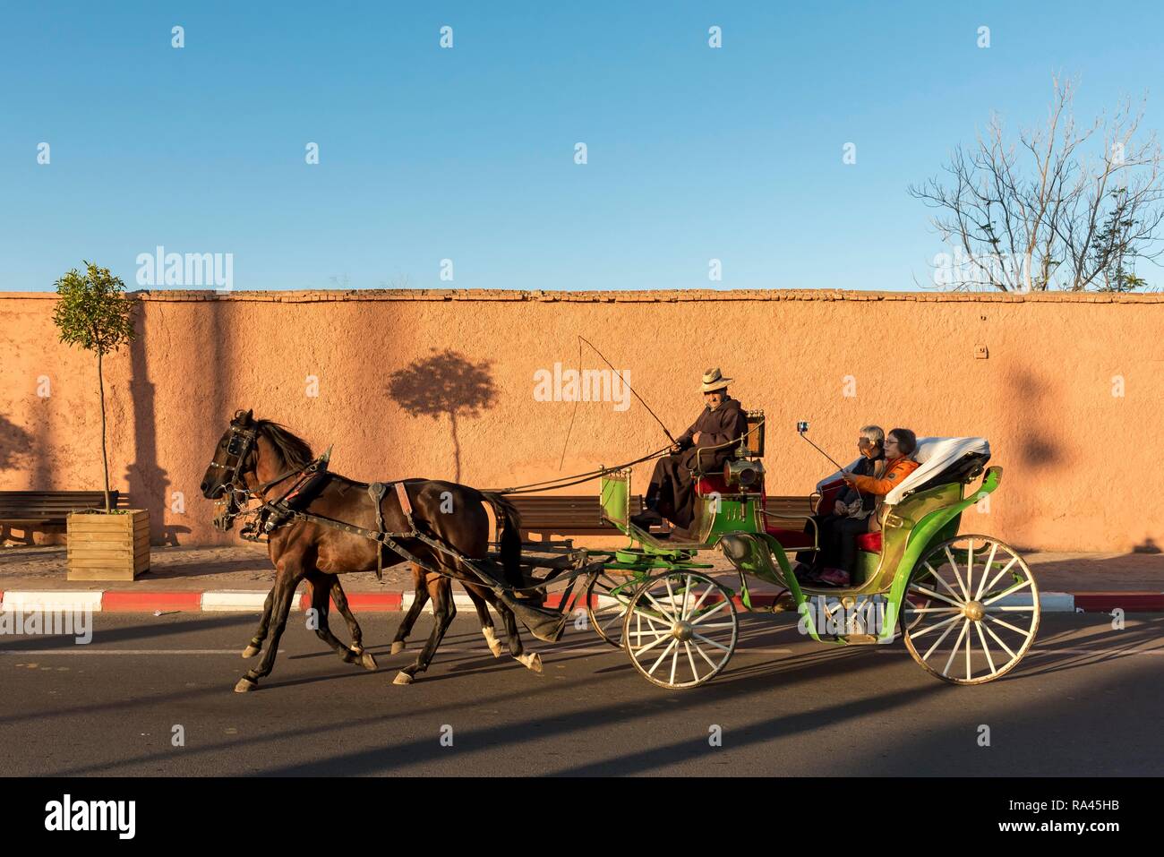 Horse-drawn cart, caleche, with tourists in front of red-orange city walls of Marrakech, Morocco Stock Photo
