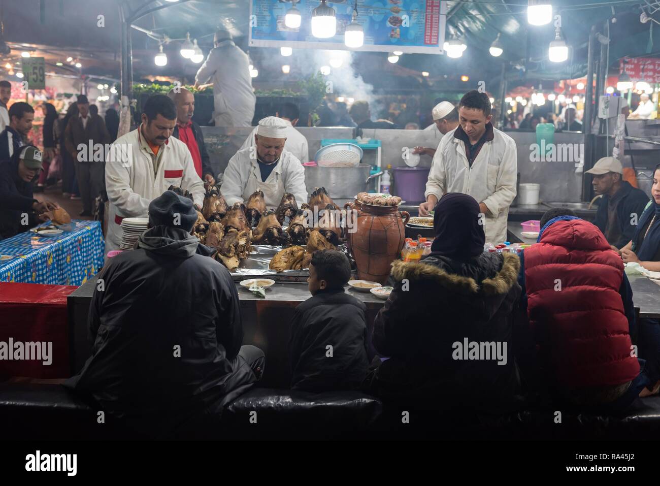 Food stall at Jemaa el-Fnaa square, Marrakech, Morocco Stock Photo