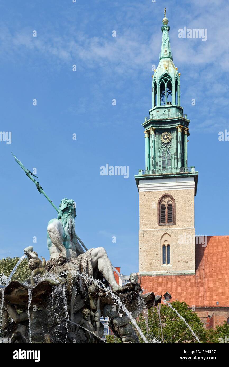 Neptune Fountain and St. Mary's Church, Alexanderplatz, Berlin, Germany Stock Photo