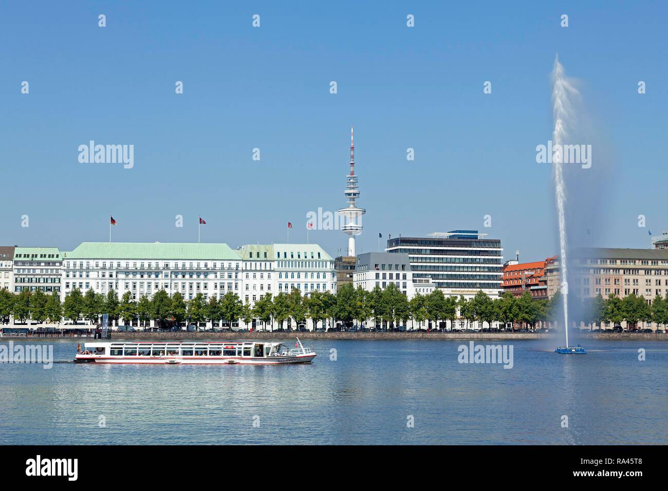 Inner Alster Lake with tourboat, Hamburg, Germany Stock Photo