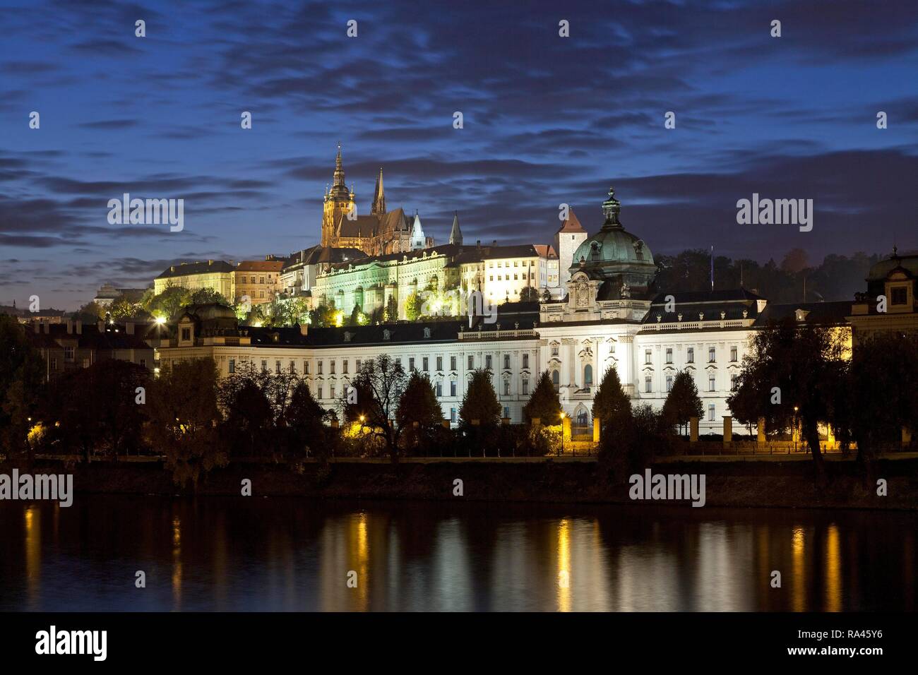 Prague Castle at night, Moldova, Prague, Czech Republic Stock Photo