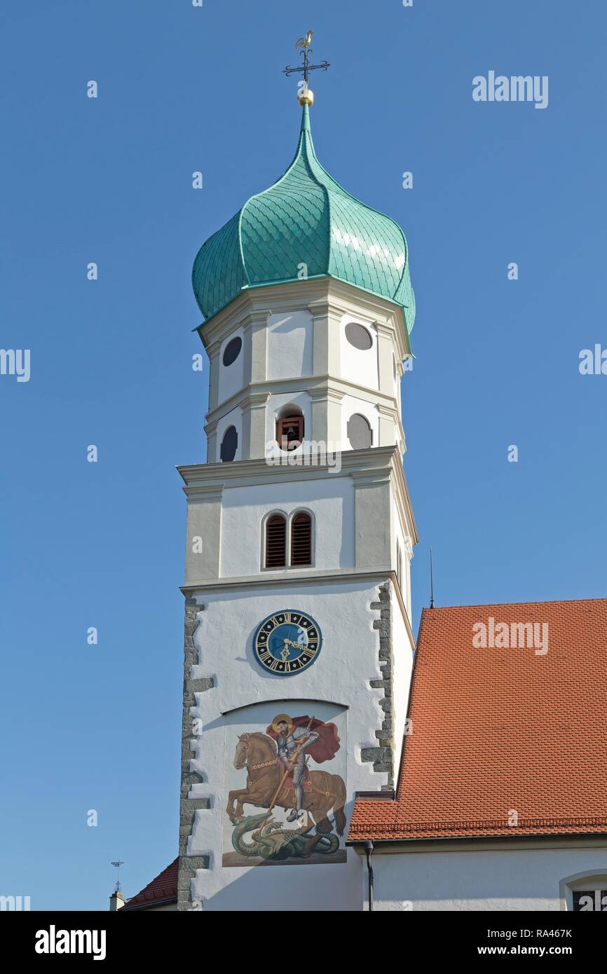 Steeple, church Sankt Georg, moated castle, Lake Constance, Bavaria, Germany Stock Photo