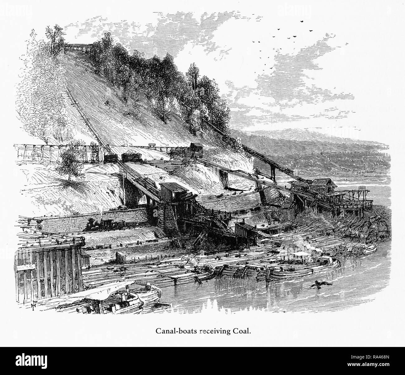 Canal Boats Receiving Coal, Mount Pisgah, Mauch Cunk “Bear Mountain,” Pennsylvania, United States, American Victorian Engraving, 1872 Stock Photo
