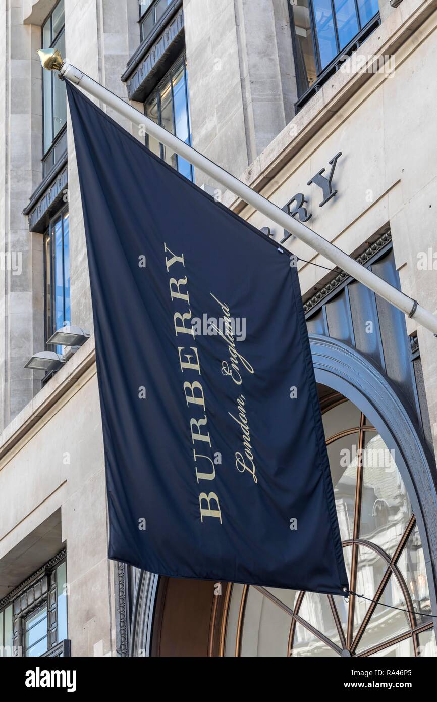 Flag with logo, English clothing store Burberry, Regent Street, London, United Kingdom Stock Photo