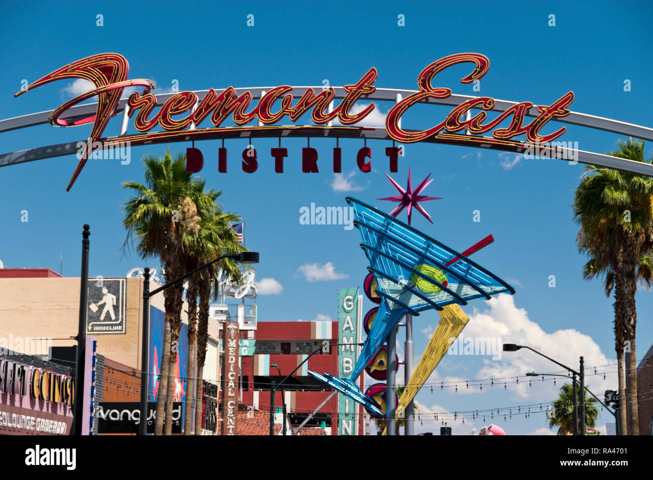Vintage neon signs line Fremont Street East, a revitalized part of downtown Las Vegas, Nevada
