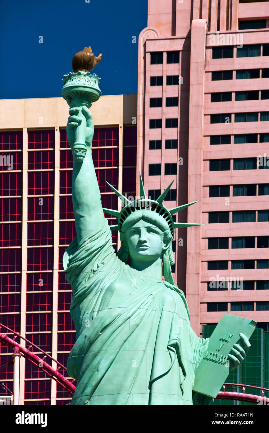 A replica of the Statue of Liberty stands in front of the New YorkNew
