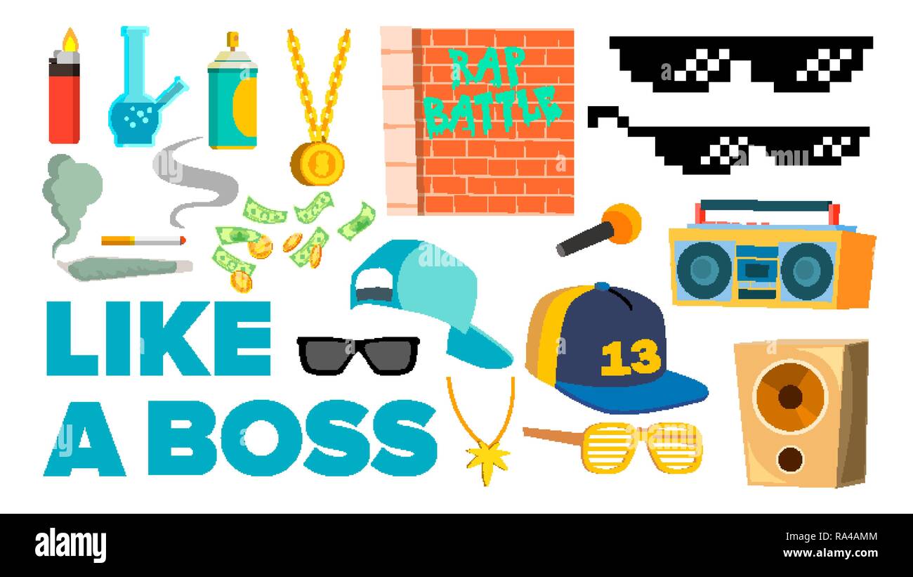 Like A Boss Icons Vector. Rapper, Gangster, Cool Singer. Isolated Flat Cartoon Illustration Stock Vector