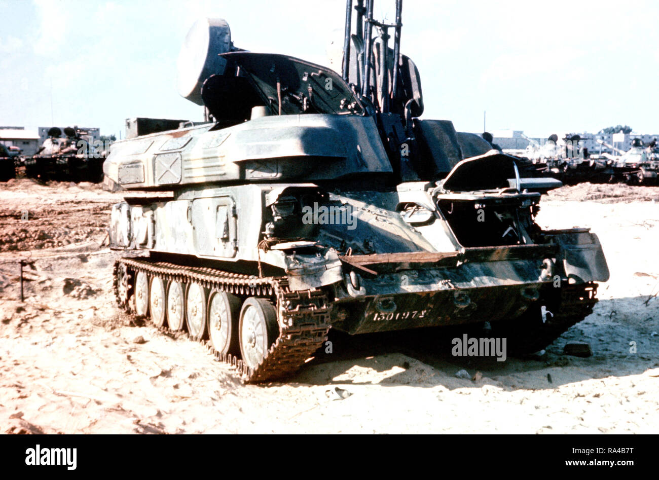 1974 - A right front view of a Soviet ZSU-23-4 quad 23 mm self-propelled anti-aircraft gun. Stock Photo