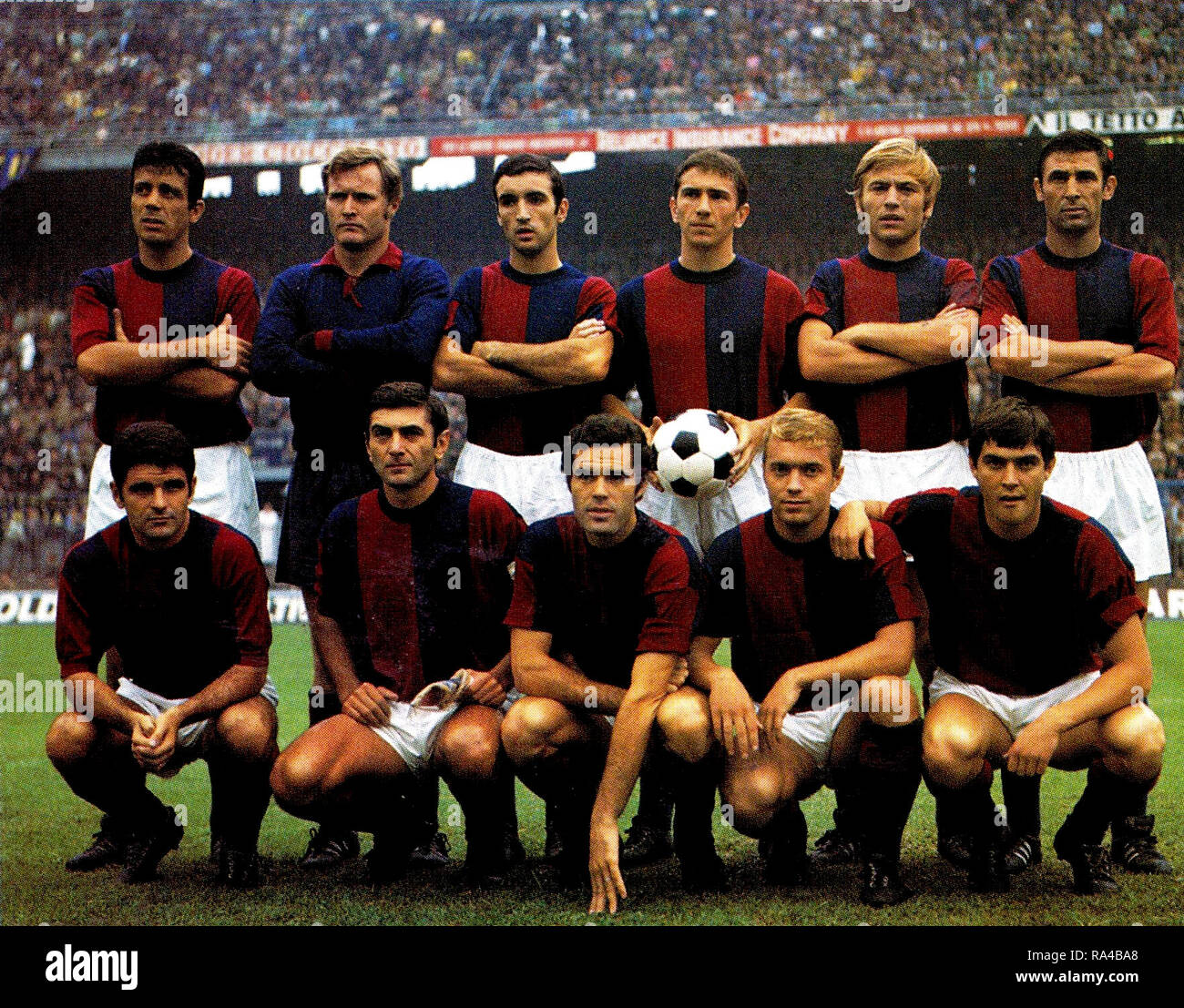 Milan, San Siro, September 14, 1969. A line-up of Bologna F.C. took to the field in the away defeat versus Inter Milan (0-1), Matchday 1 of the Italian Championship 1969–70 Serie A. From left to right, standing: F. Janich, G. Vavassori, F. Cresci, G. Savoldi, T. Roversi, M. Ardizzon; crouched: M. Perani, G. Bulgarelli (captain), L. Mujesan, I. Gregori, A. Scala. Stock Photo