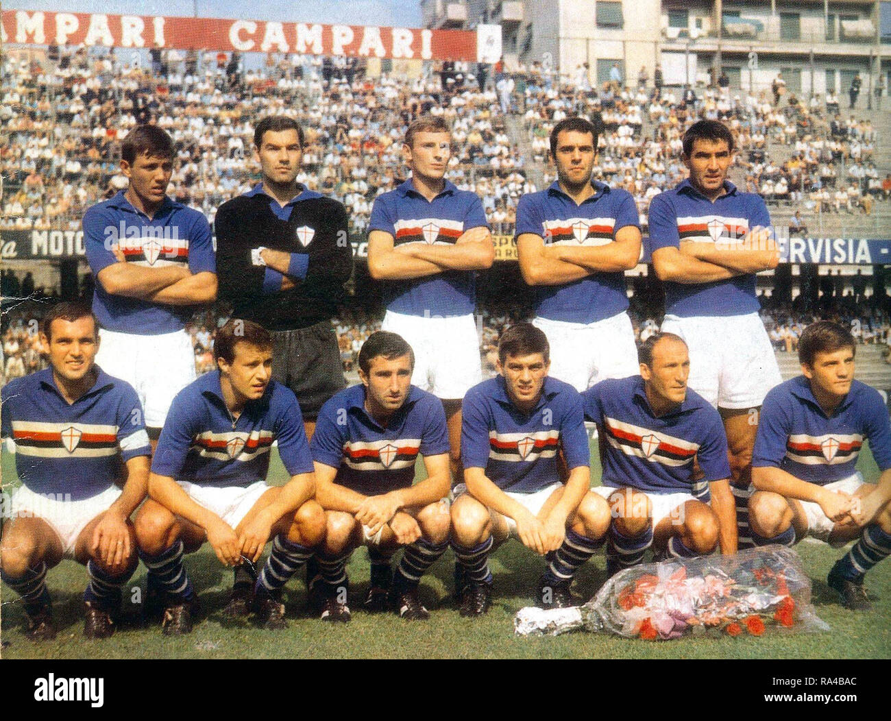 A group photo of Sampdoria in the 1966-67 season, posing inside the Luigi Ferraris stadium in Genoa; we recognize Francesco Morini (standing in the middle) and the captain Mario Frustalupi (squat, first from the left). Stock Photo