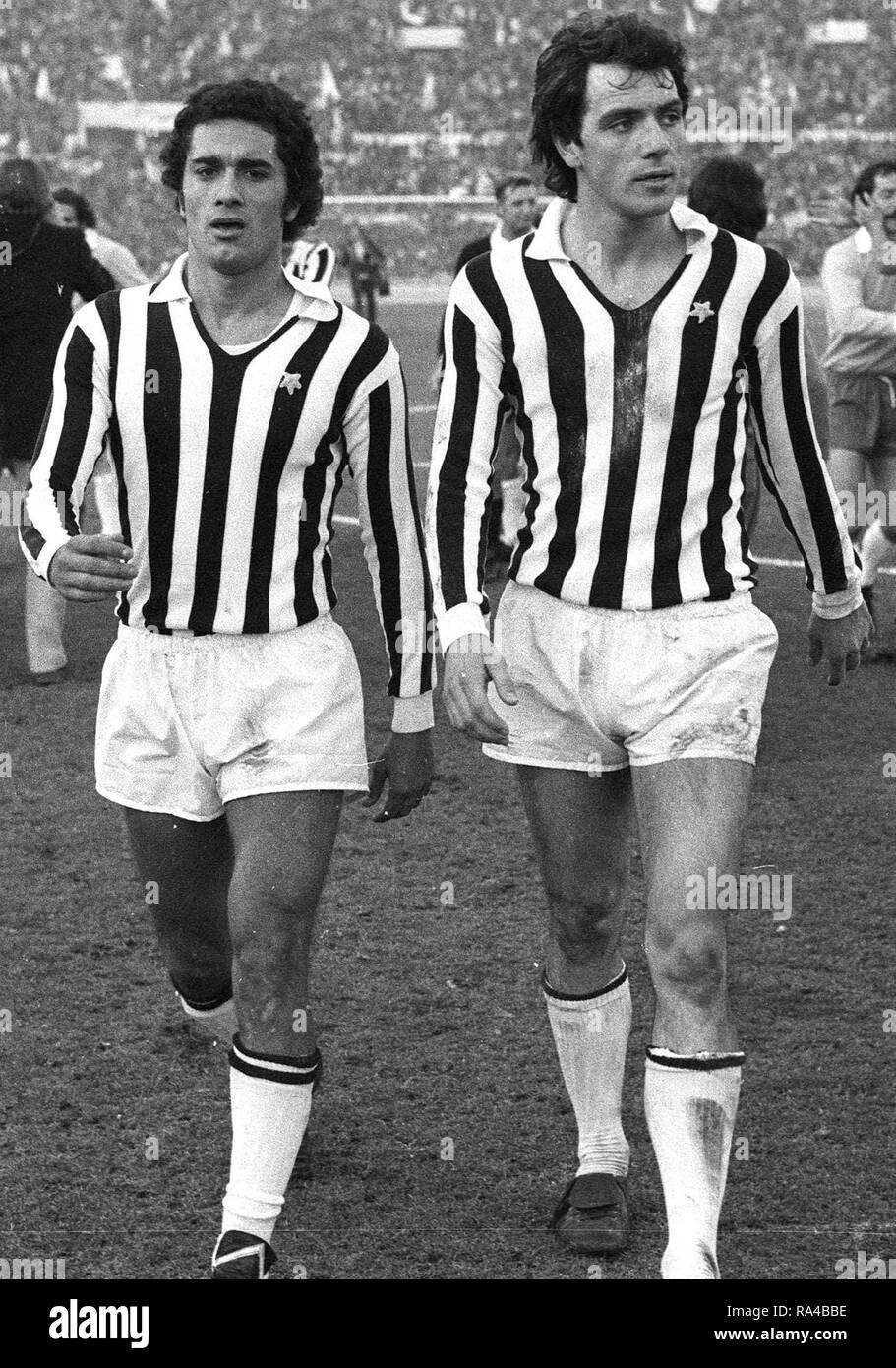 Rome, Olympic Stadium, January 5, 1975. From left: Juventus players, Claudio Gentile and Roberto Bettega, come out of the field at the end of the lost away match at Lazio (0-1) and valid for the 12th day of the Italian championship of Serie A 1974-75. Stock Photo