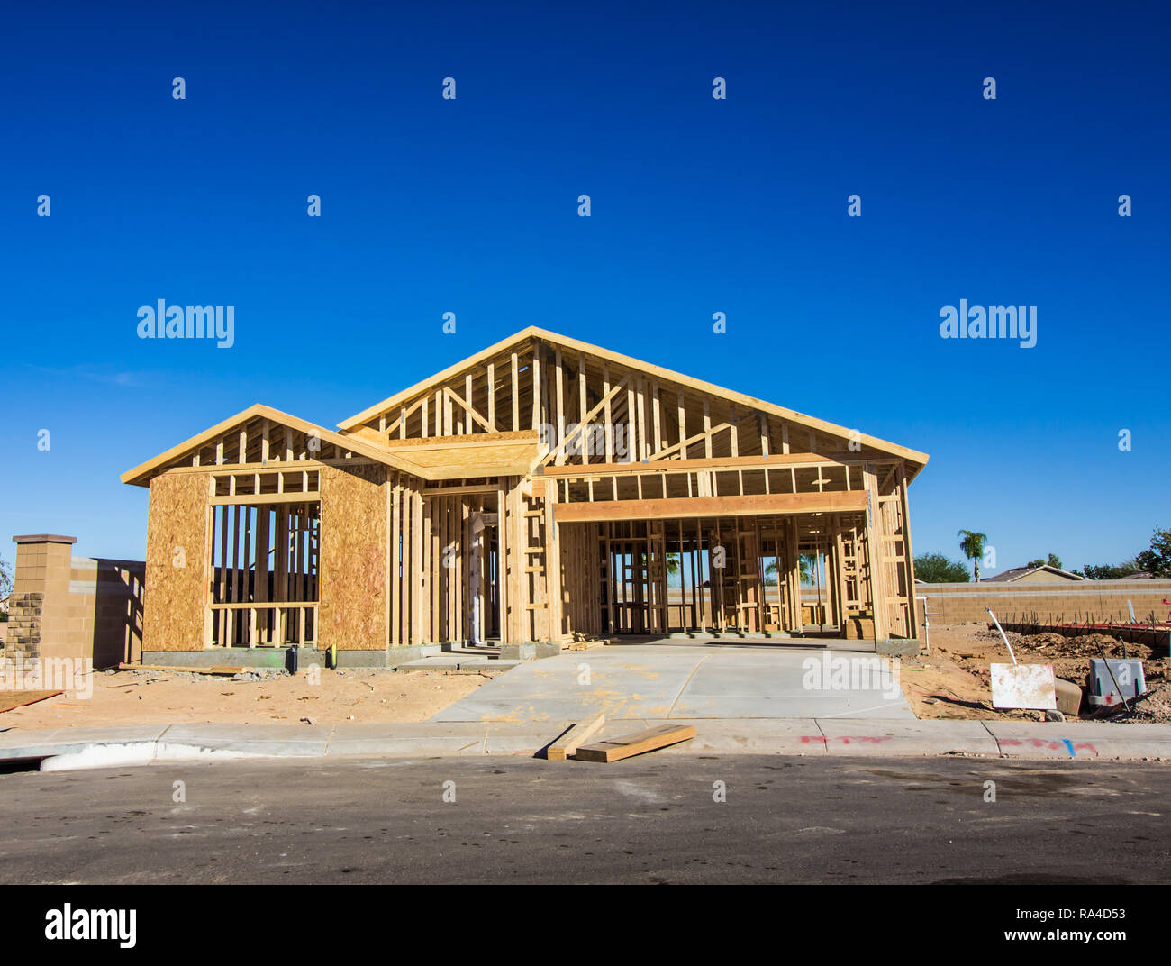 New Home Under Construction In Framing Stage Stock Photo