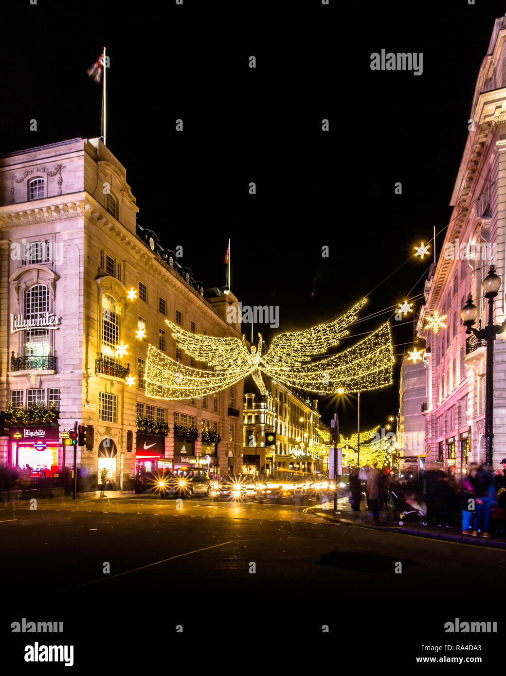 Regents Street Christmas lights in London, taken at dusk, early evening