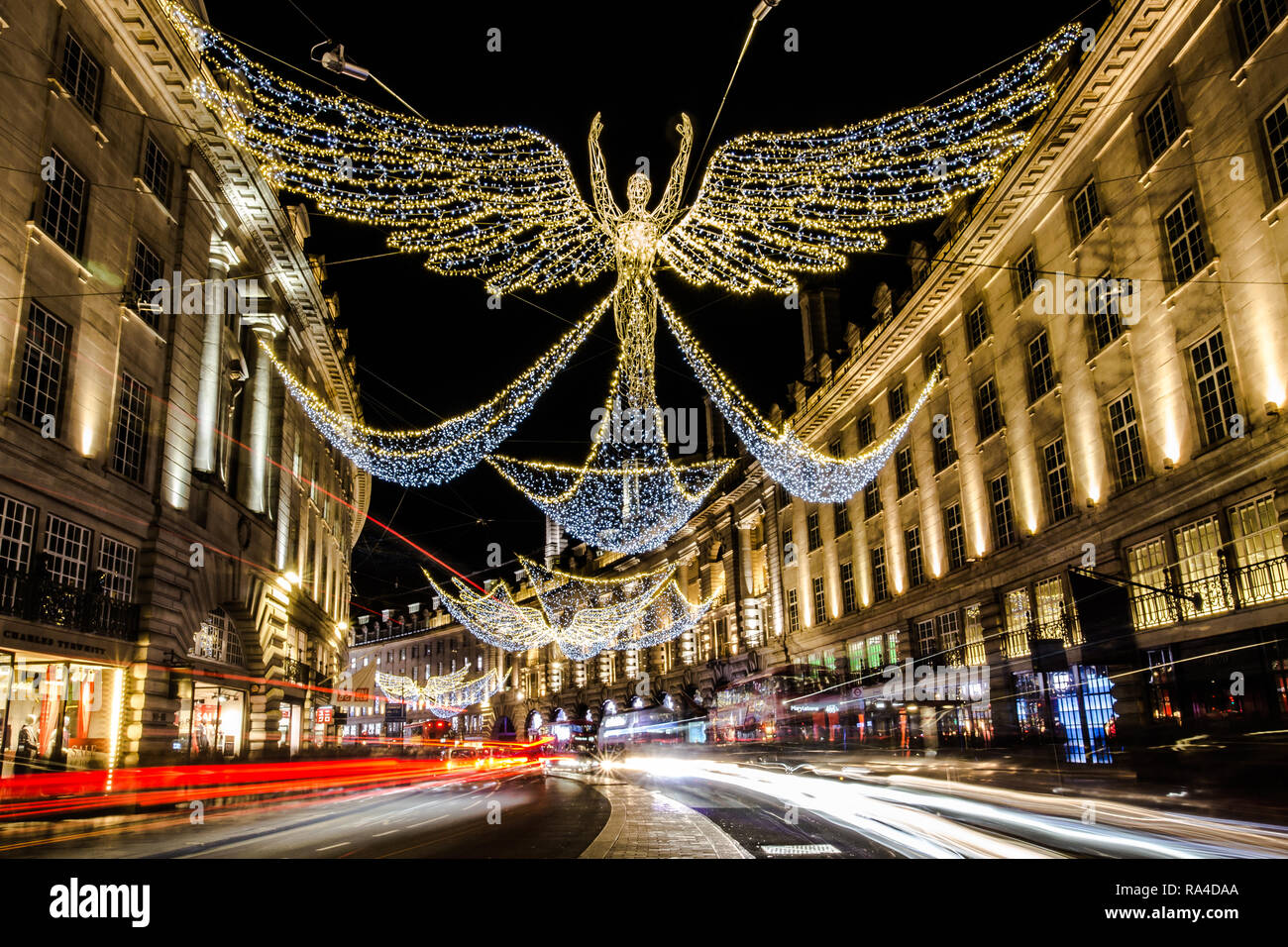 Regents Street Christmas lights in London, taken at dusk, early evening around Christmas 2018 Stock Photo