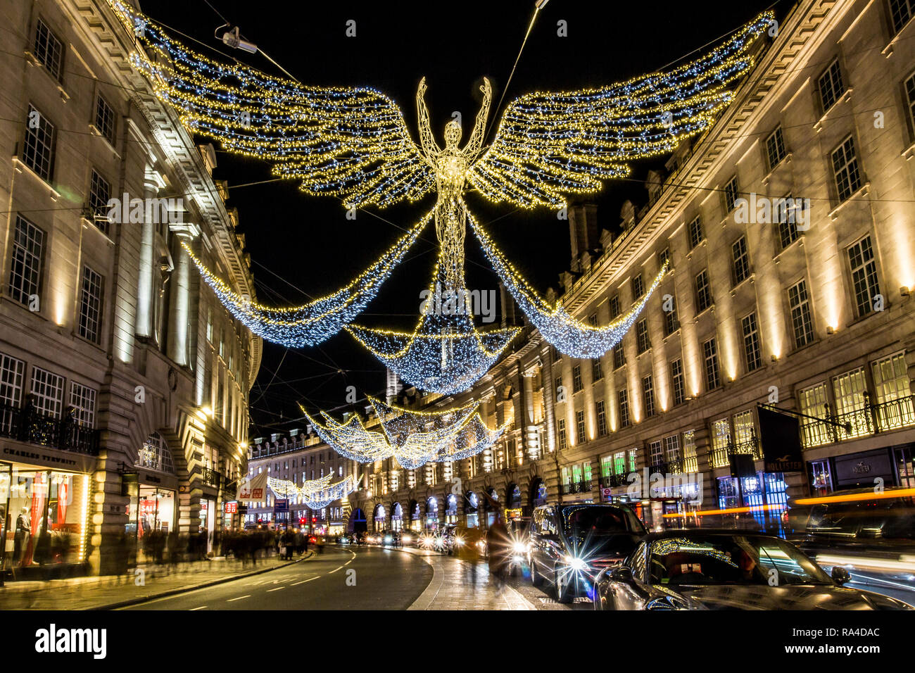 Regents Street Christmas lights in London, taken at dusk, early evening around Christmas 2018 Stock Photo