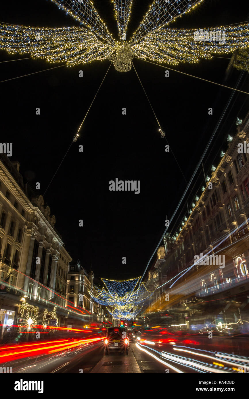 Regents Street Christmas lights in London, taken at dusk, early evening