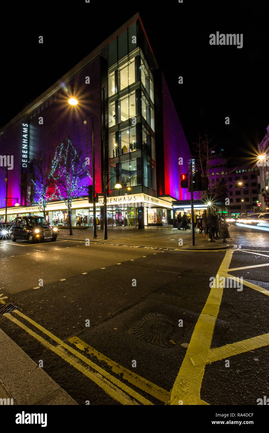 Debenhams Oxford Street London in December Christmas lights 2018 quoth yellow box junction Stock Photo
