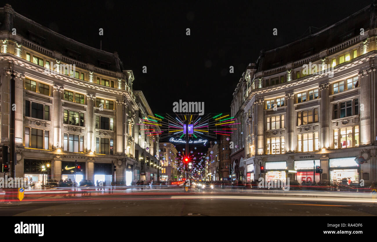 Oxford Street Christmas lights in London, taken at dusk, early evening around December / Christmas 2018 Stock Photo