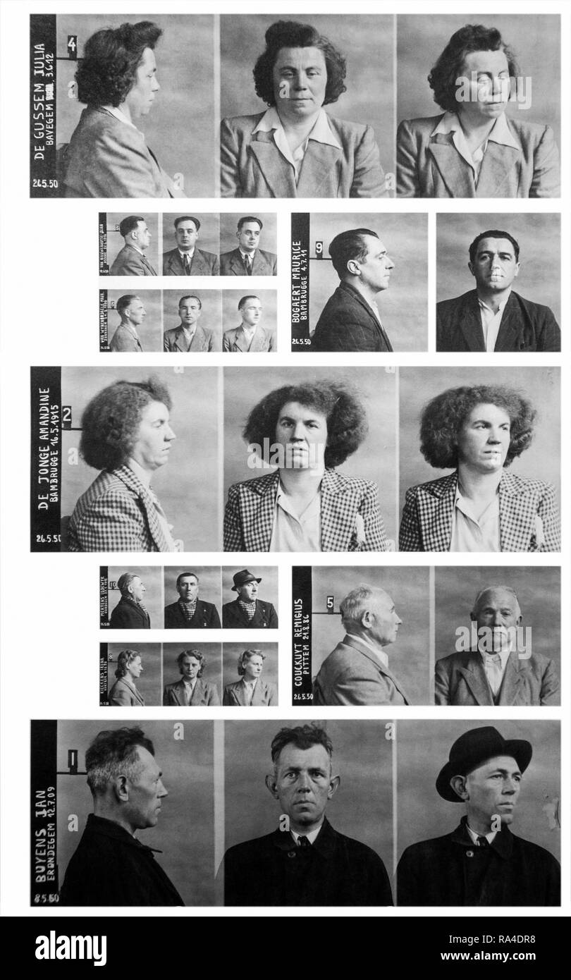 Mid twentieth century black and white photo showing mug shots / mugshots of male and female criminals Stock Photo