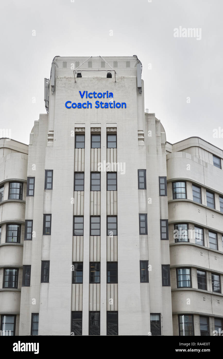 Exterior of Victoria coach station terminus at Buckingham Palace Road, Belgravia, London, England. Stock Photo