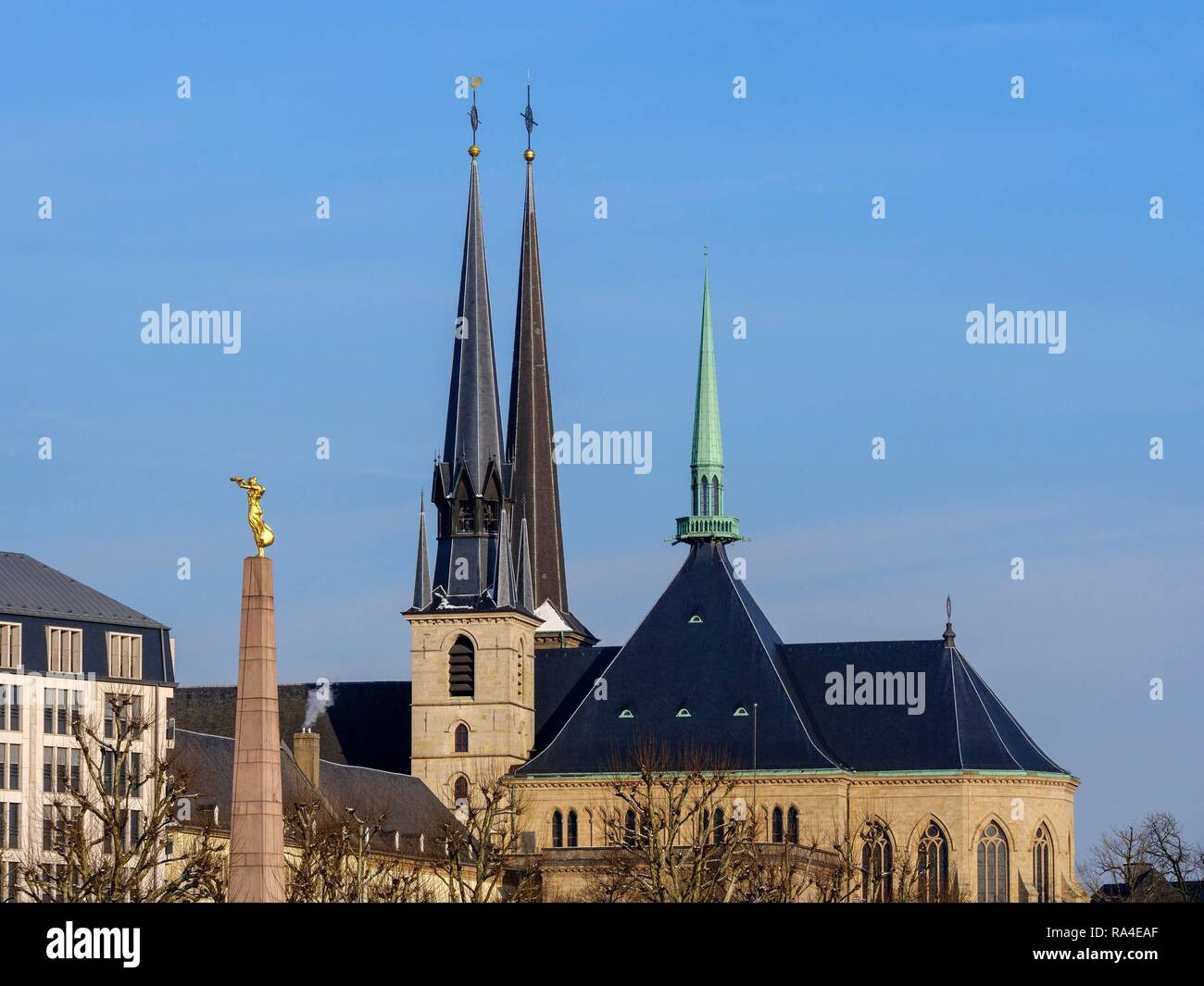 Gothic cathedral Notre Dame and memorial Gëlle Fra, UNESCO World Heritage Site, Luxembourg City, Luxembourg Stock Photo