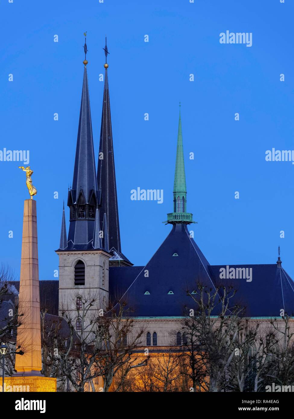 Gothic cathedral Notre Dame and memorial Gëlle Fra, UNESCO World Heritage Site, blue hour, Luxembourg City, Luxembourg Stock Photo