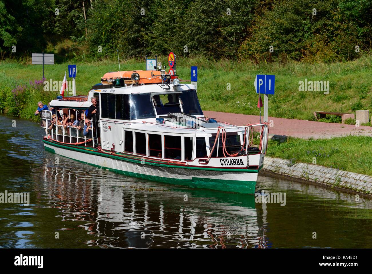 Passenger ship Cyranka, Oberlandkanal, Warmia-Masuria, Poland Stock Photo