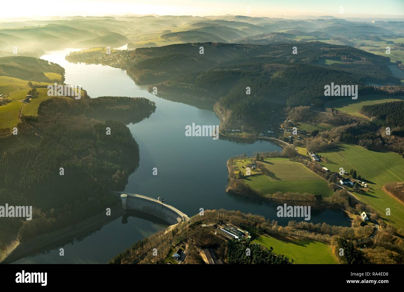 Aerial view, Listertalsperre dam, Biggesee, Biggetalsperre, reservoir, low water, low water, water shortage, Olpe, Sauerland Stock Photo