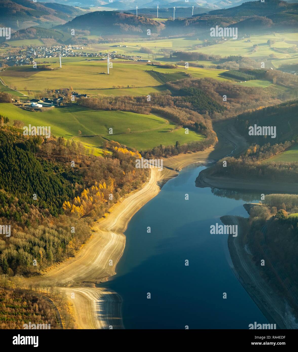 Aerial view, Hennetalsperre, reservoir at low water, water shortage, drought, Meschede, Sauerland-Rothaargebirge nature park Stock Photo