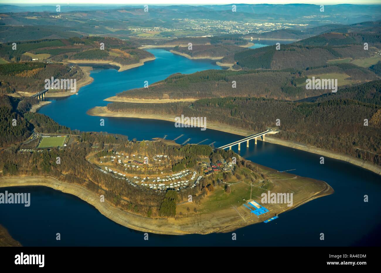 Aerial view, Biggesee, Biggetalsperre, reservoir at low water, water shortage, Howald, Olpe, Sauerland, North Rhine-Westphalia Stock Photo