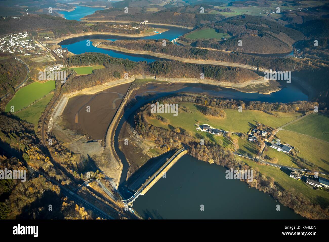 Aerial view, dam front basin, Biggesee, Biggetalsperre, reservoir at low water, water shortage, Eichhagen, Olpe, Sauerland Stock Photo