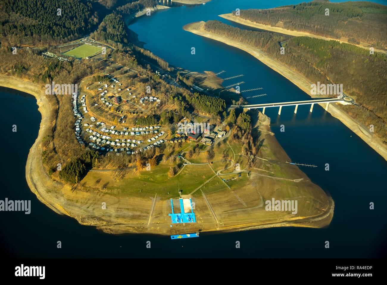 Aerial view, Biggesee, Biggetalsperre, reservoir at low water, water shortage, Howald, Olpe, Sauerland, North Rhine-Westphalia Stock Photo