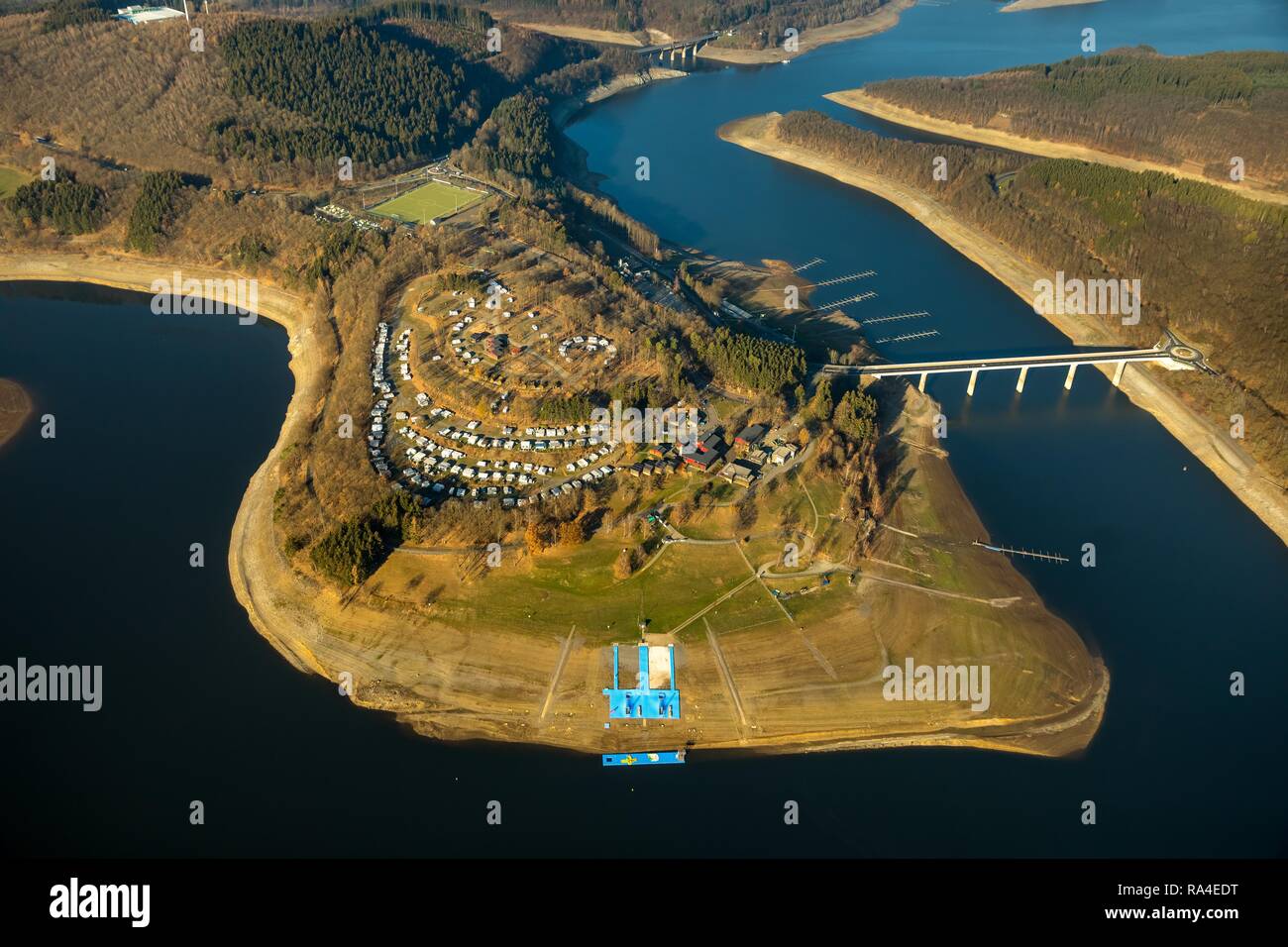 Aerial view, Biggesee, Biggetalsperre, reservoir at low water, water shortage, Howald, Olpe, Sauerland, North Rhine-Westphalia Stock Photo