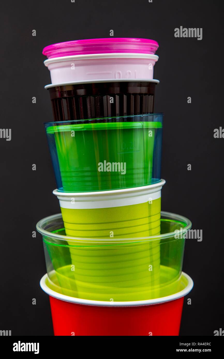 Plastic cups, many different types, shapes, colors, disposable cups
