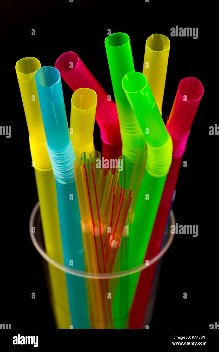 Plastic drinking straws, plastic waste, different colours and sizes Stock Photo