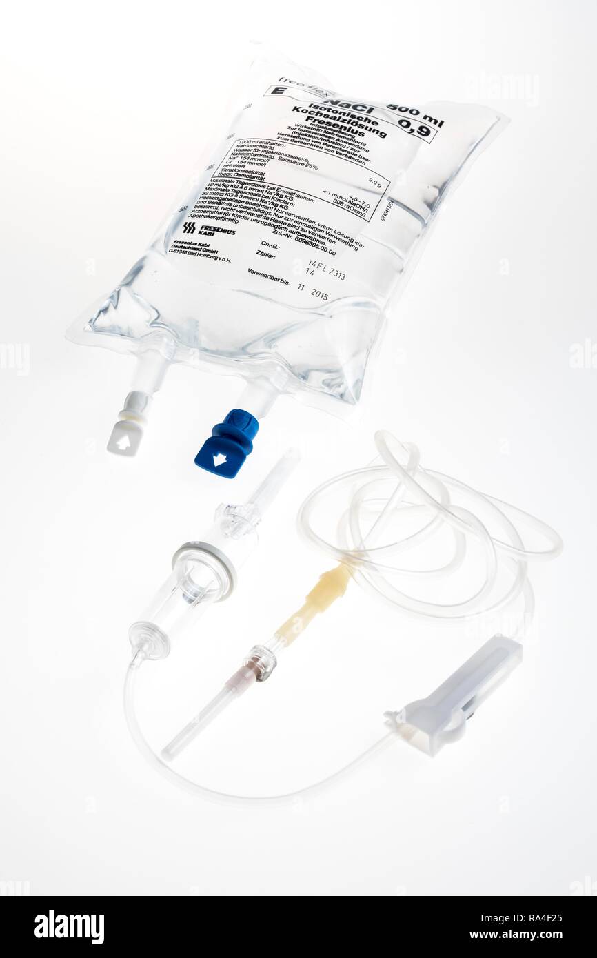Isotonic saline solution, half litre, with infusion set, infusion bag