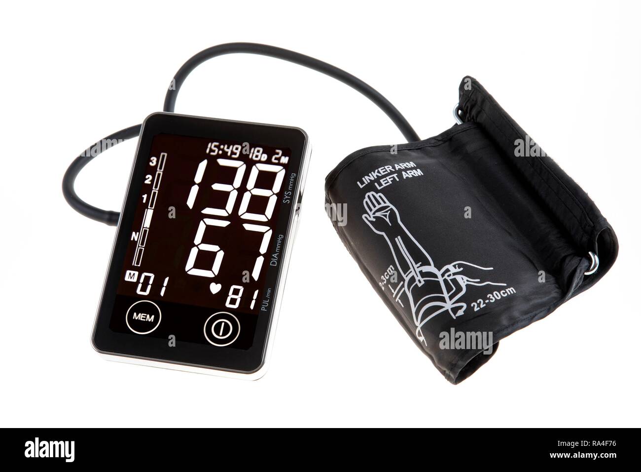 Blood pressure monitor, digital display, upper arm cuff, for self-measurement Stock Photo