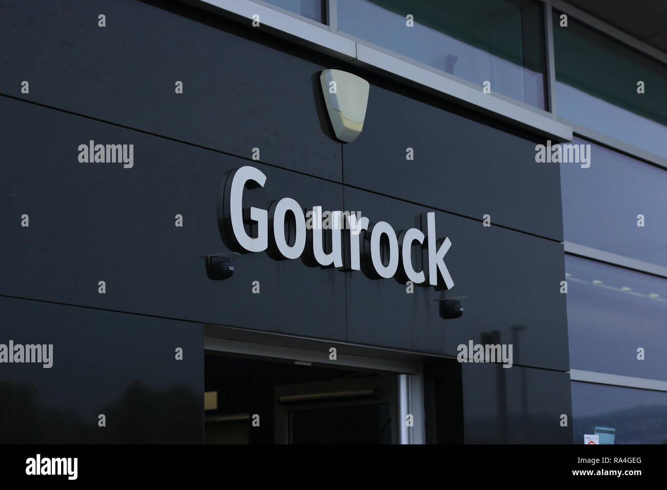 The station name on the newly constructed station building at Gourock. Stock Photo