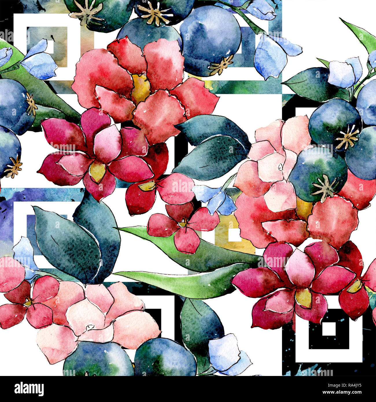 Red and purple floral botanical flower bouquet. Watercolor illustration ...