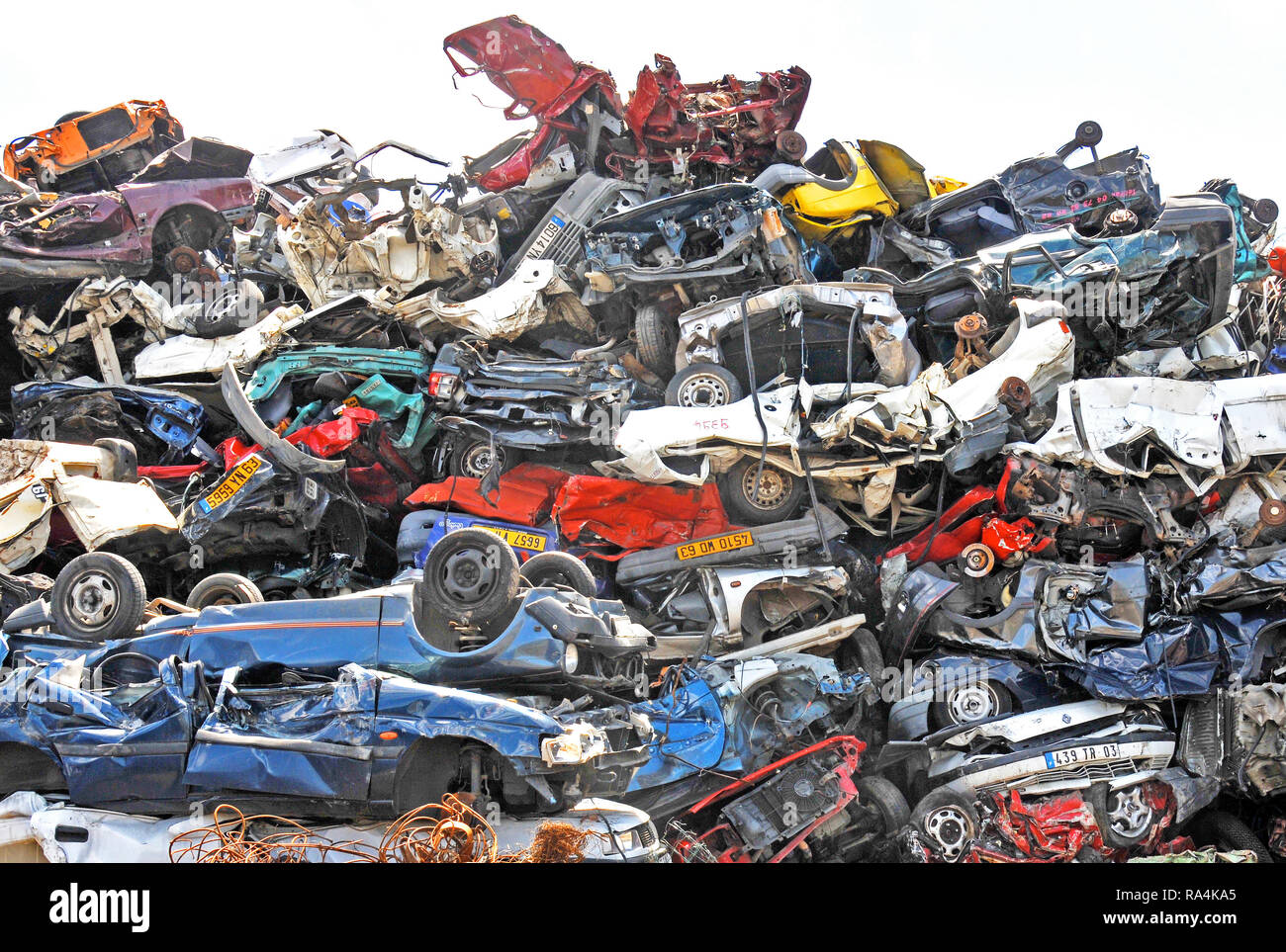 Car Stacking at the Praxy Center Metal Processing Plant in Issoire, Puy de Dome, Auvergne, France Stock Photo