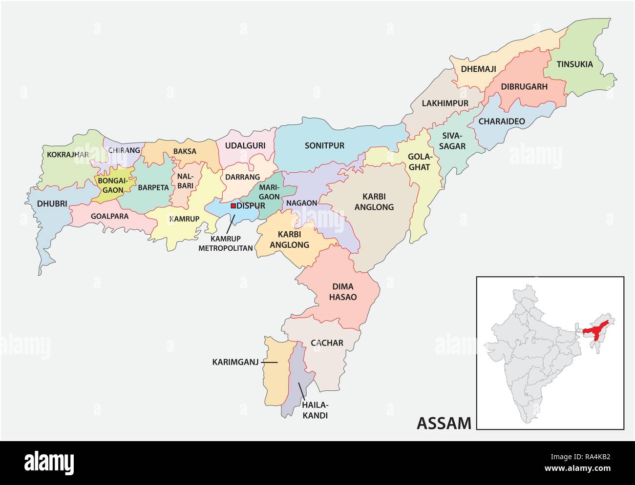 Administrative And Political Map Of Indian State Of Assam India