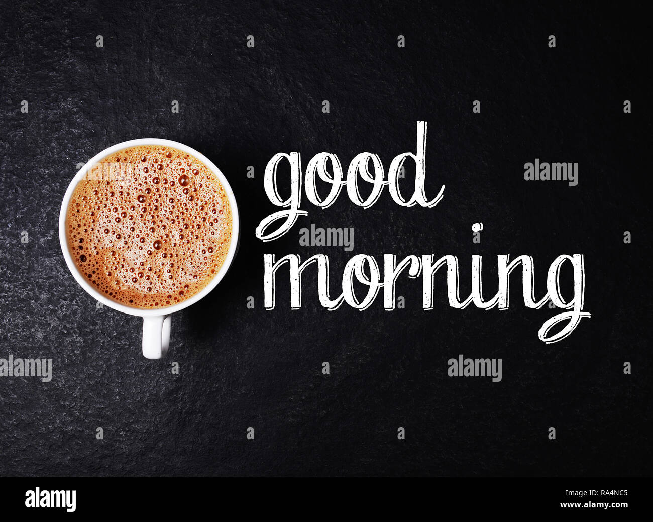 Fresh hot coffee and good morning inscription Stock Photo - Alamy